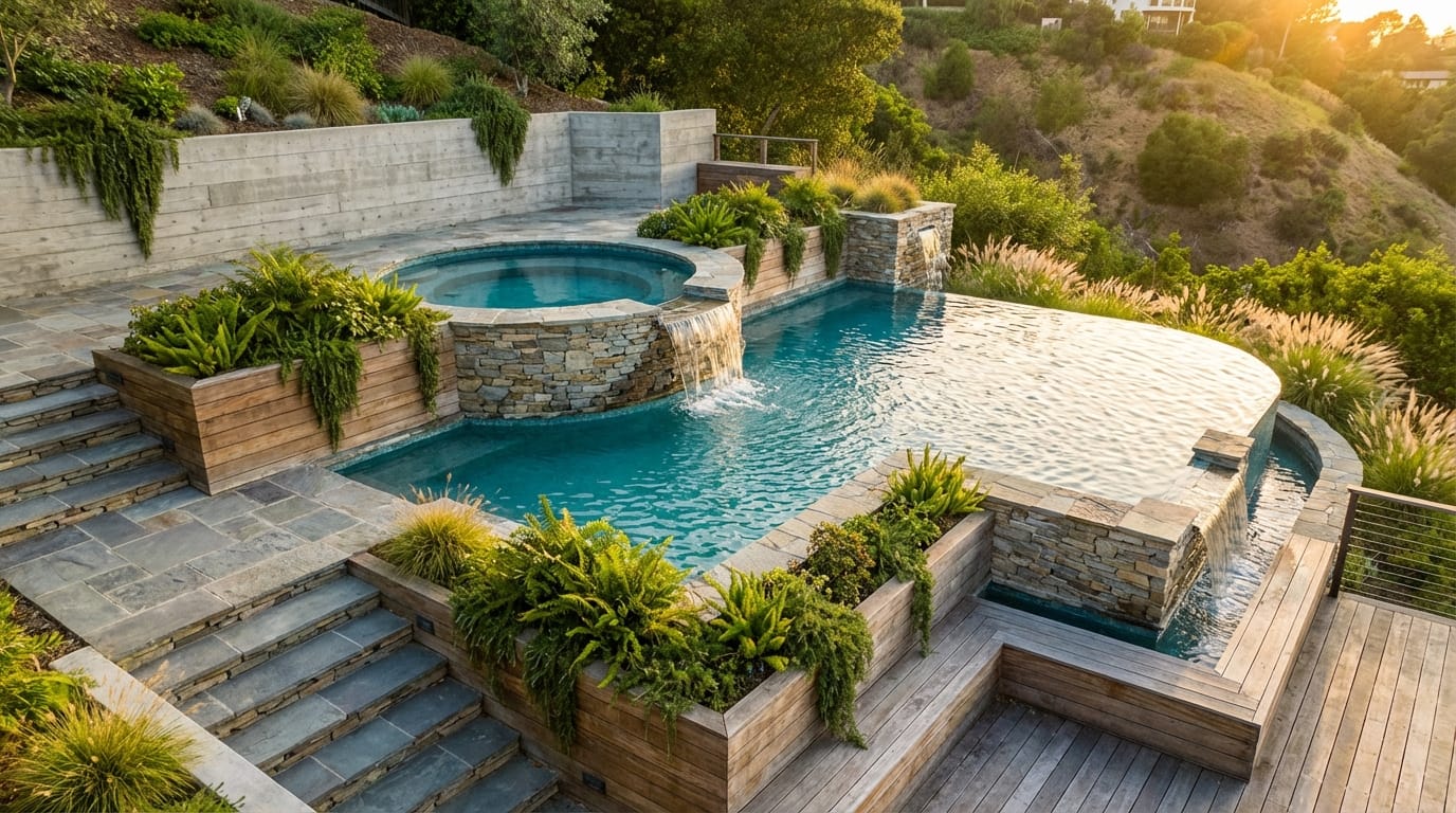 Multi Level Tiered Pools And Integrated Retaining Walls