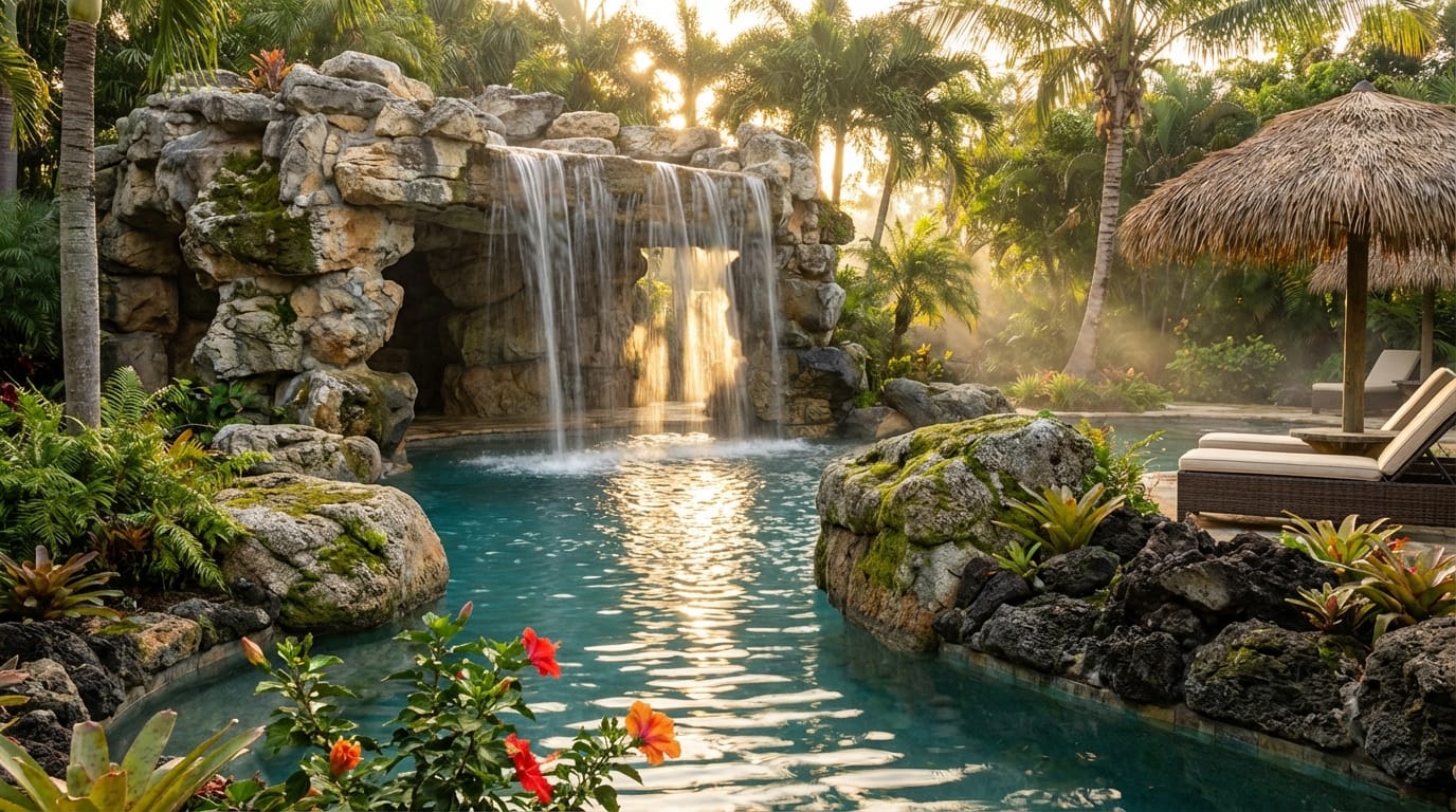 Elevating Luxury Landscapes With Custom Pool Waterfall Design Naturalistic Rock Grottoes And Tropical Boulder Formations